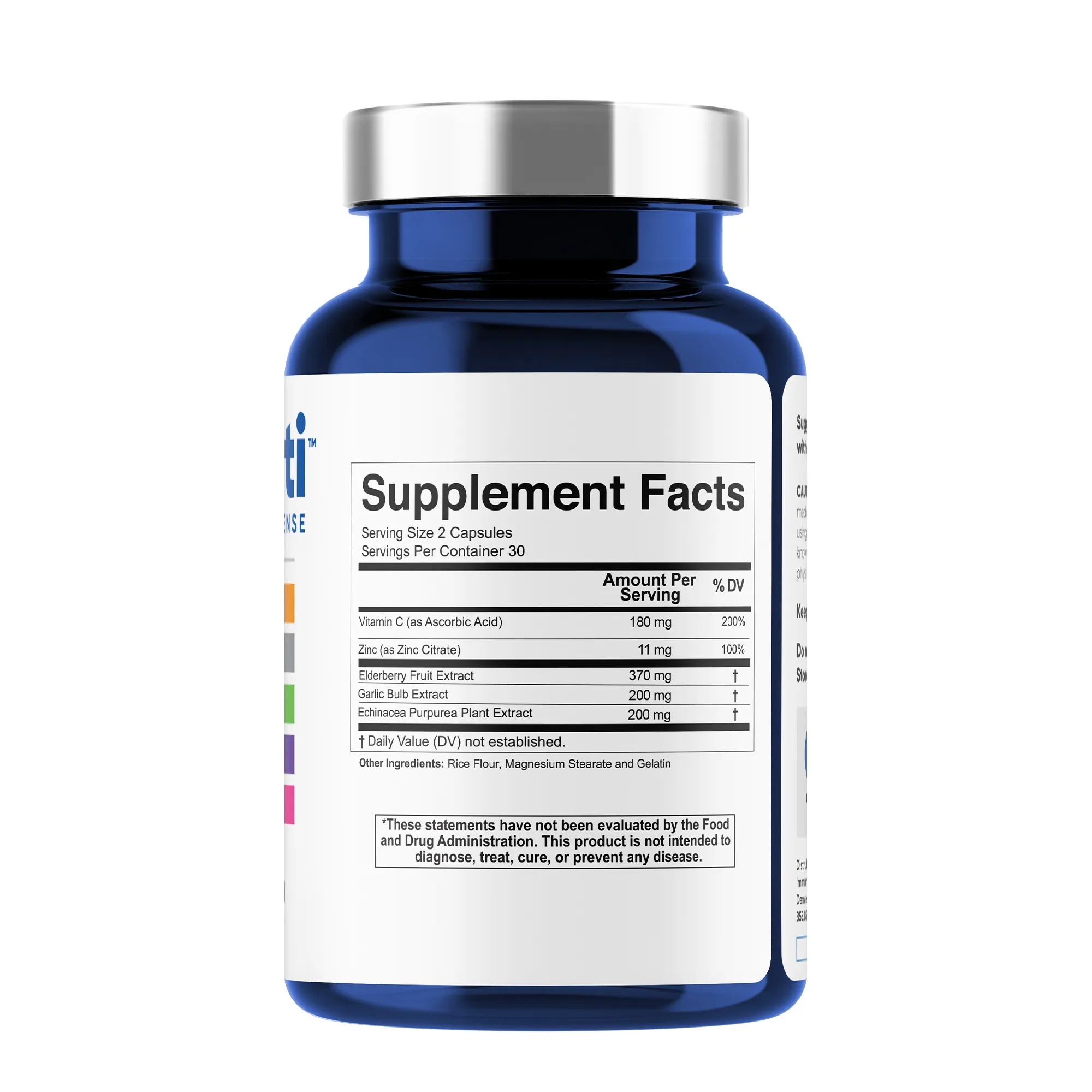 Immuneti advance immune defense bottle's supplement facts side angle view