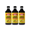 3 bottles of bragg's liquid aminos soy protein seasoning front view angle